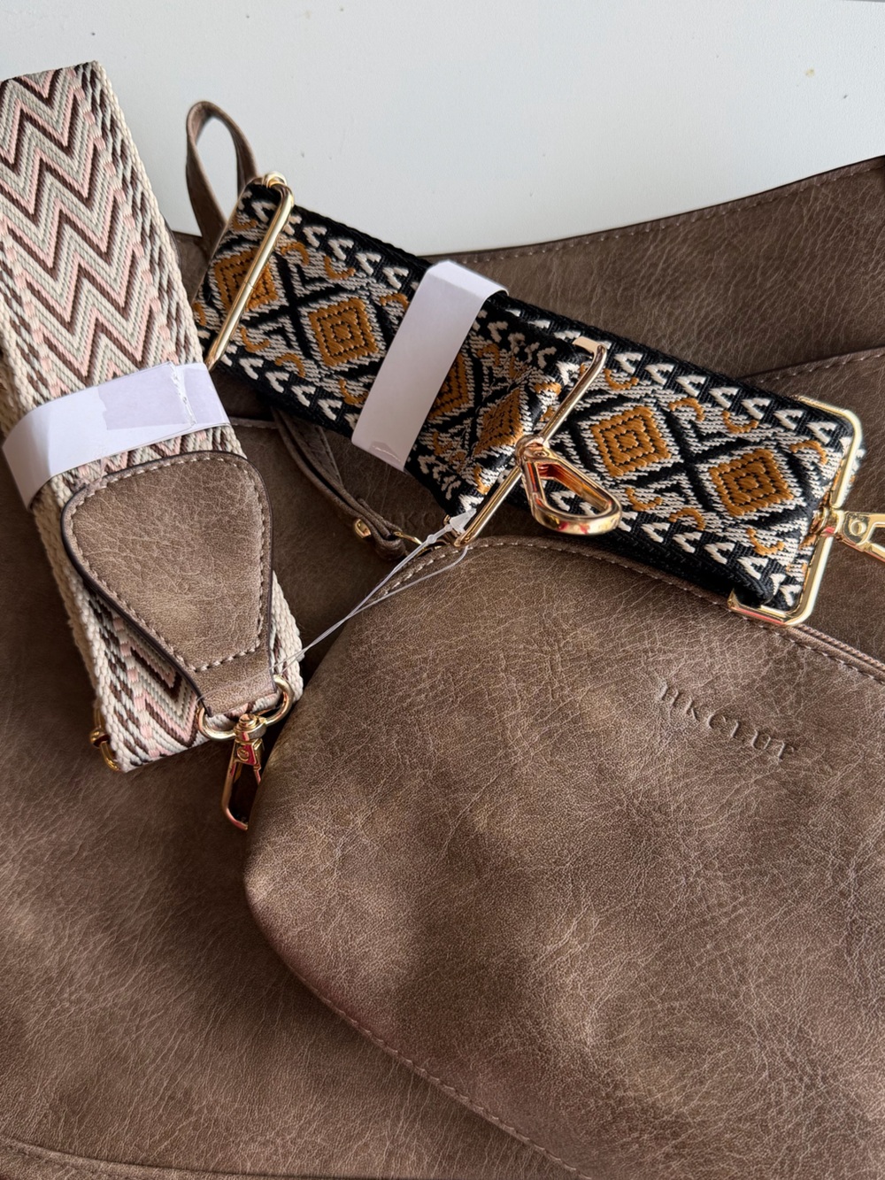 Taupe Leather Key & Card Holder with Patterned Straps